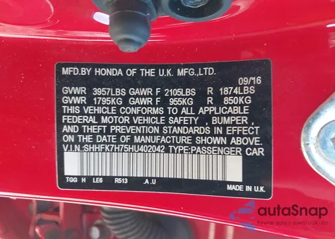 2017 Honda Civic Ex-L from USA, damaged, VIN SHHFK7H75HU402042